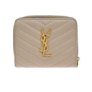 SAINT LAURENT YSL Logo Compact Bifold Wallet Leather Beige 258-082825
